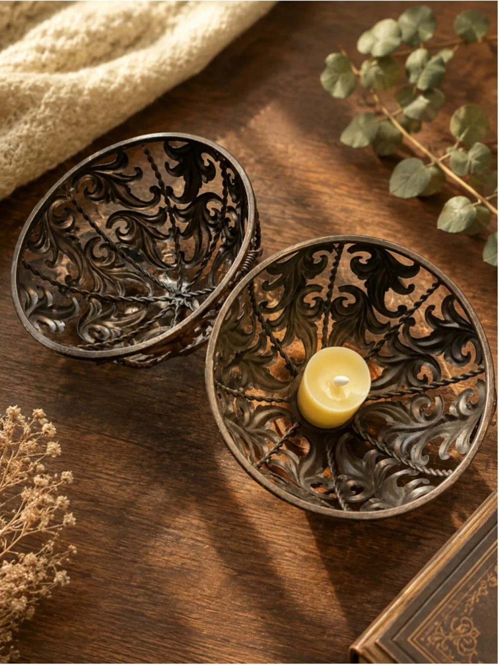 Copper-Finish Filigree Globe Candle Holder Set